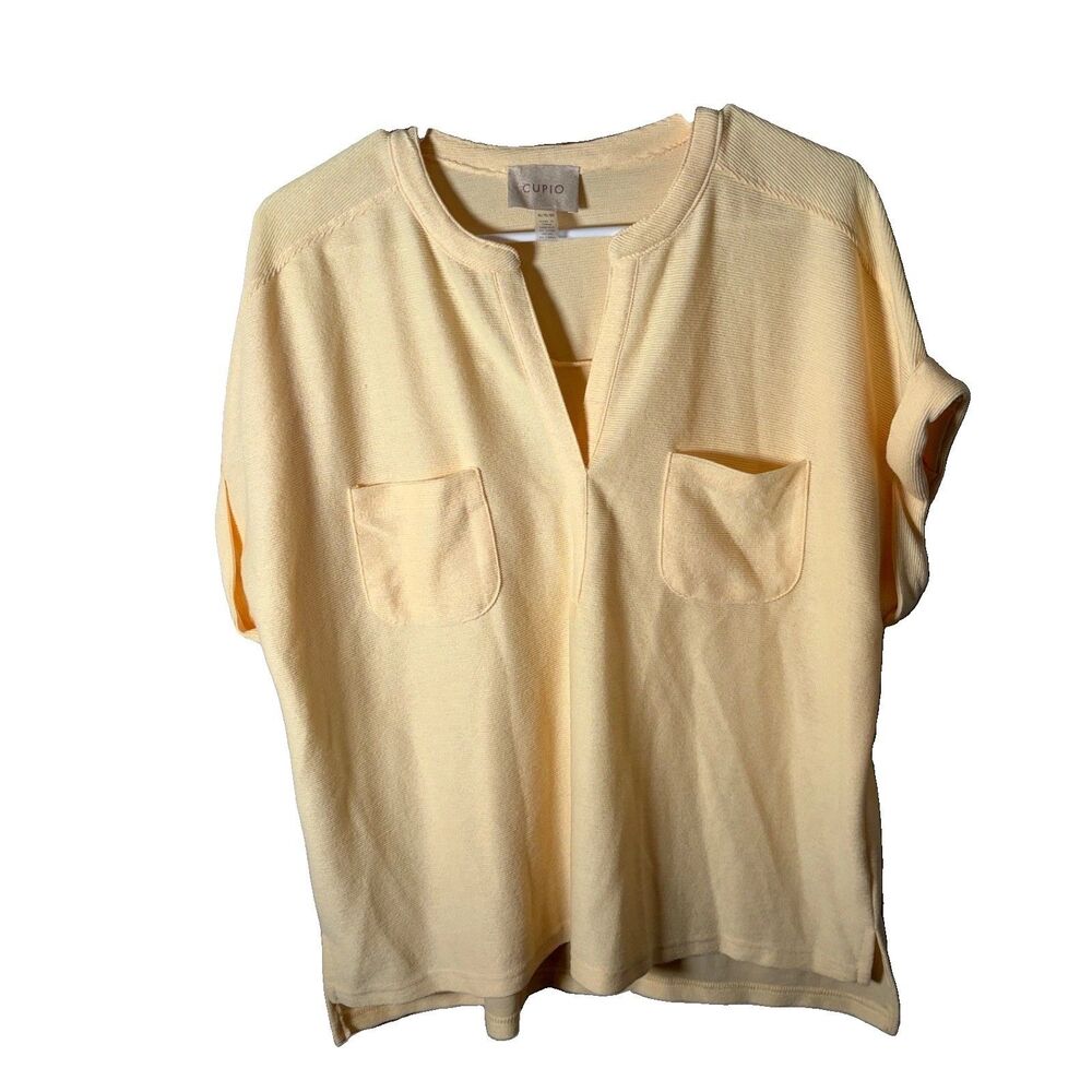 Cupio T-Shirt Women's XL Yellow Ribbed V-Neck Short Sleeve Solid Casual Top